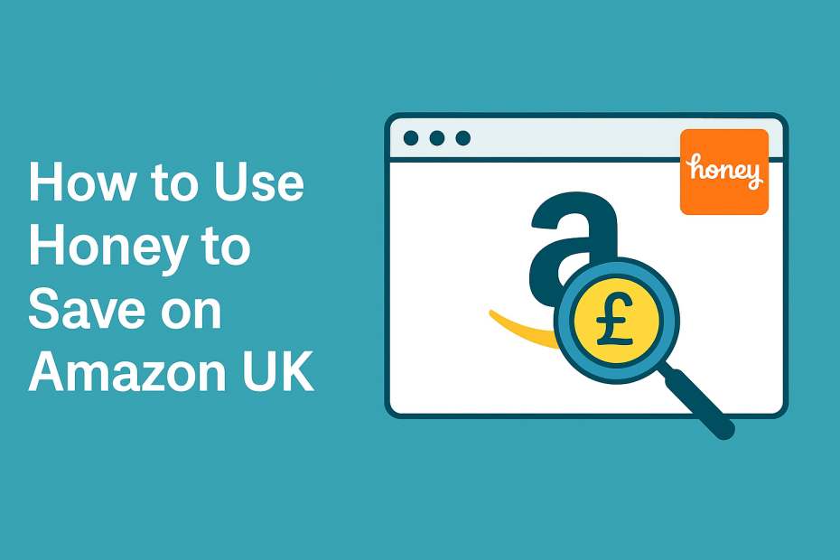 Promotional image showing how to use Honey to save on Amazon UK, featuring a browser window with the Amazon and Honey logos, and a magnifying glass over a pound symbol